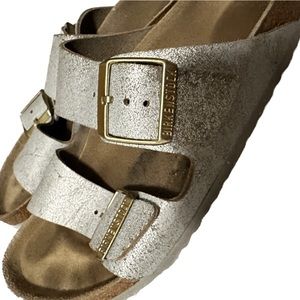Birkenstock Arizona two strap, silver gold sandal